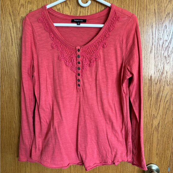 Relativity Tops - Relativity Coral Lace-Trim Long Sleeve Henley Top